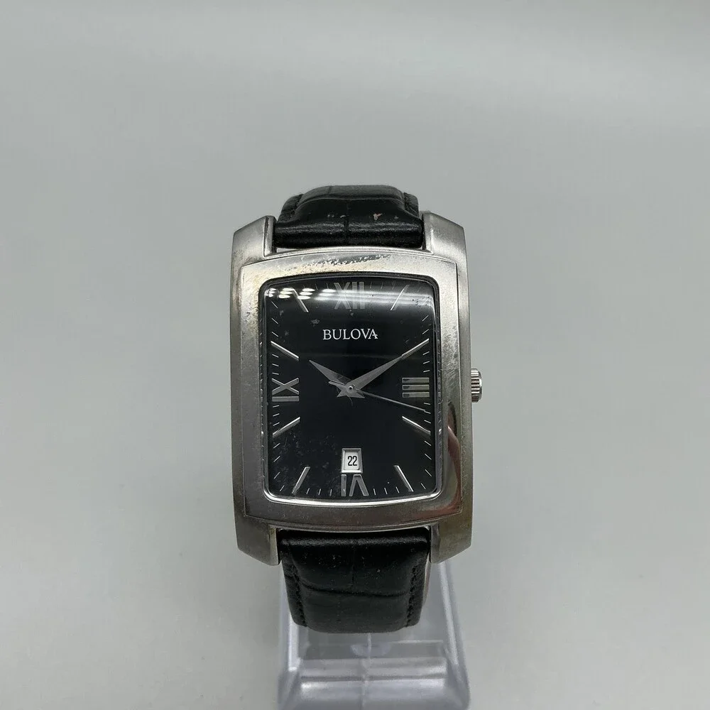 Bulova 96B269 Mens Watch 31mm Tank Silver Tone Black Leather New Battery